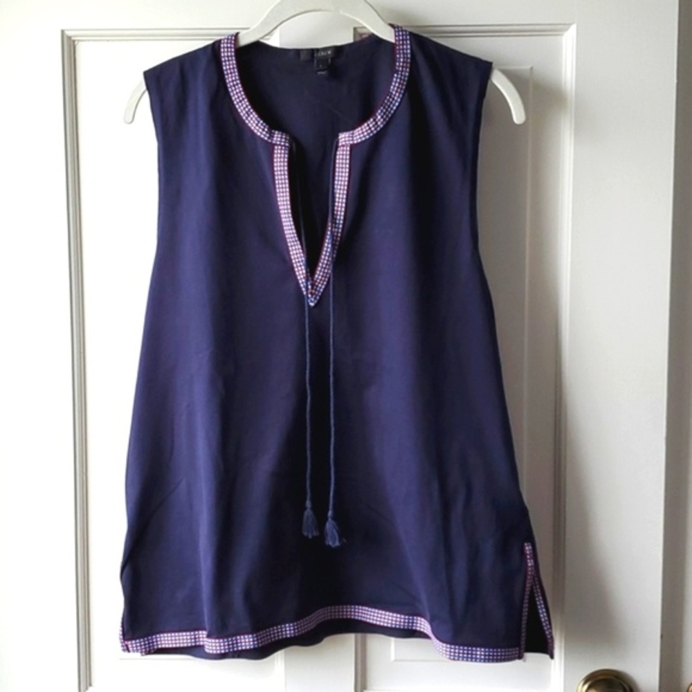 J. CREW BLUE EMBROIDERED TRIM TASSEL SLEEVELESS TOP LARGE